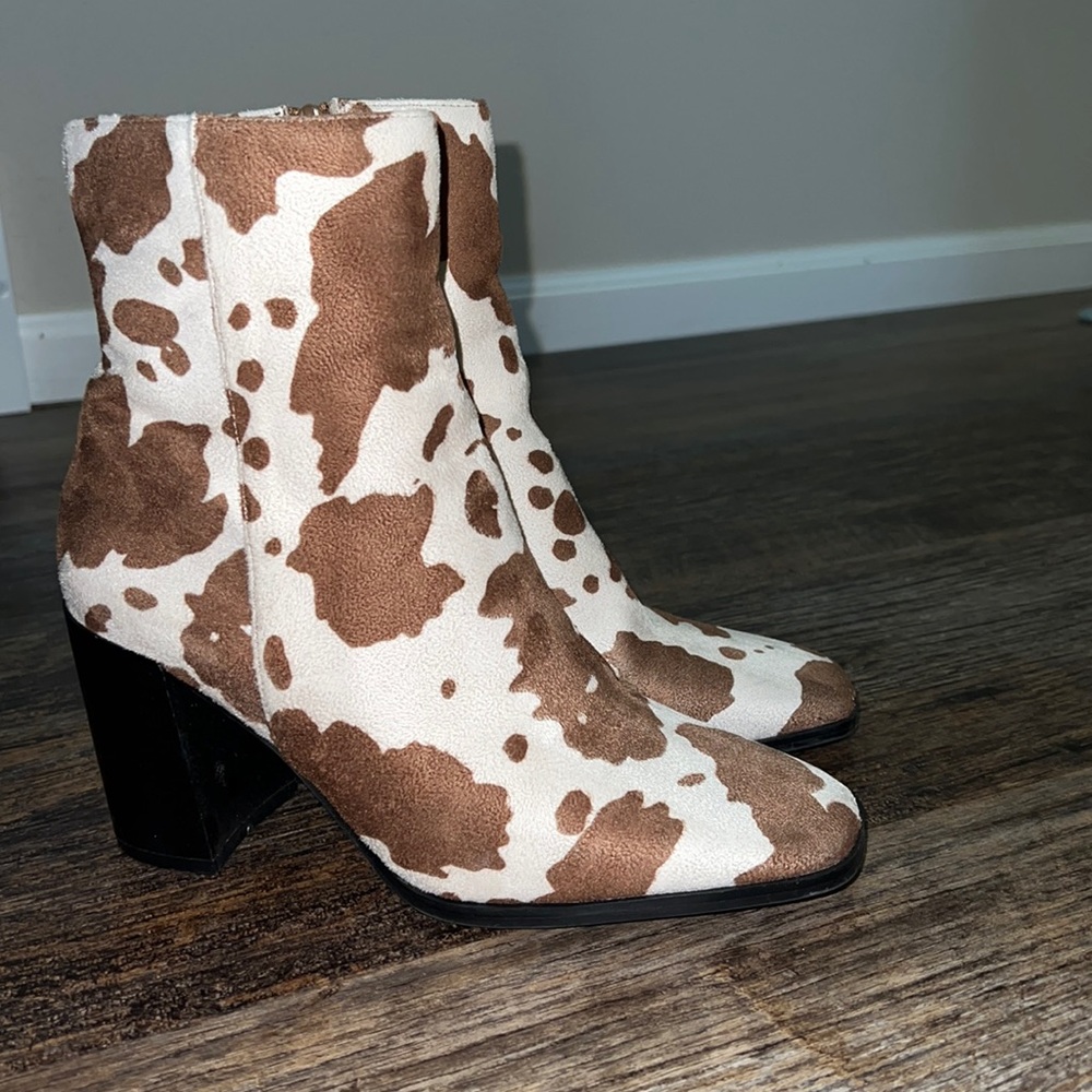 Cow hide seude block heel